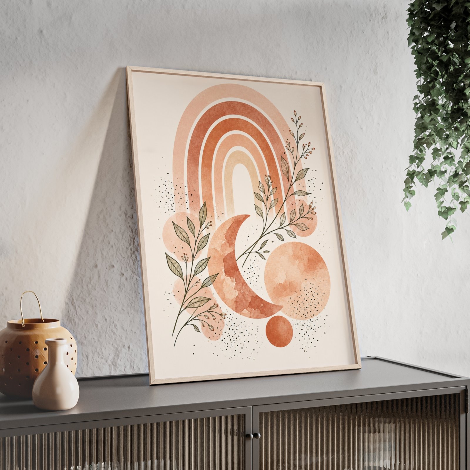 Boho Rainbow Moon Poster with Wooden Frame — Earthy Terracotta Wall Art - Image 3