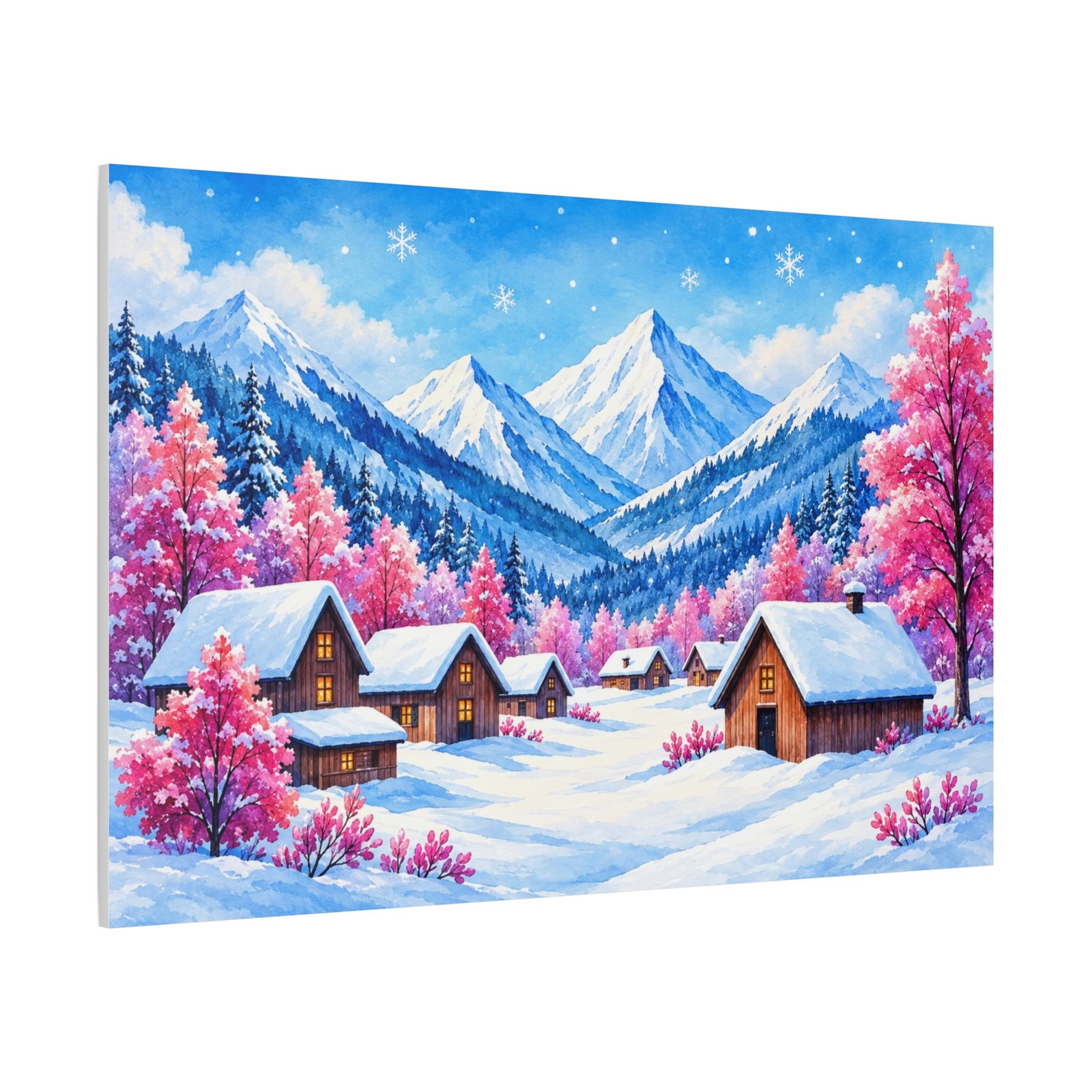 Winter Cabin Canvas Wall Art — Snowy Mountain Village Matte Stretched Print - Image 2