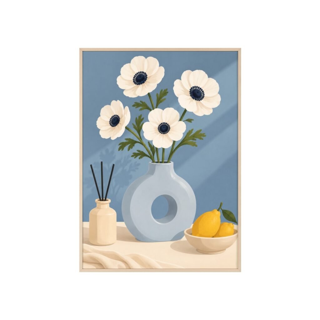 Framed Botanical Poster — White Anemone Vase Wall Art (Wooden Frame)