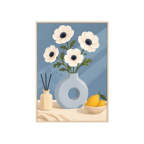 Framed Botanical Poster — White Anemone Vase Wall Art (Wooden Frame) - Image 1