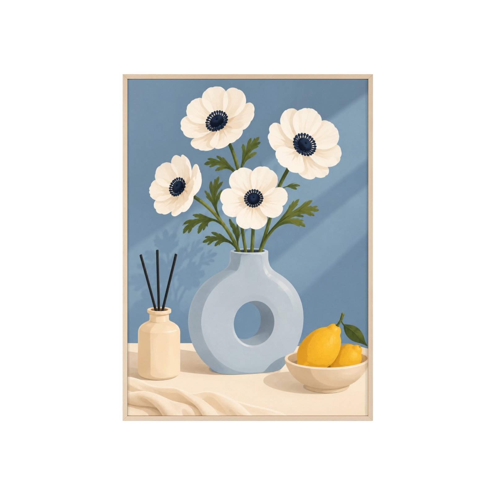 Framed Botanical Poster — White Anemone Vase Wall Art (Wooden Frame) - Image 1