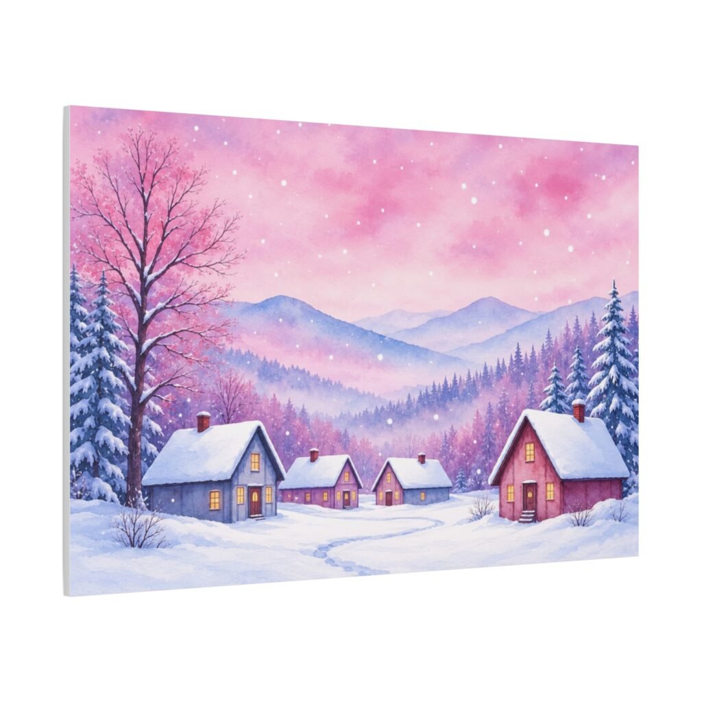 Winter Village Canvas Print – Pink Snowy Landscape Matte Stretched Wall Art