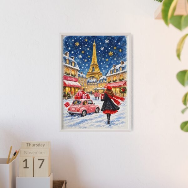 Paris Winter Holiday Poster with Wooden Frame — Eiffel Tower Christmas Street Scene - Image 92