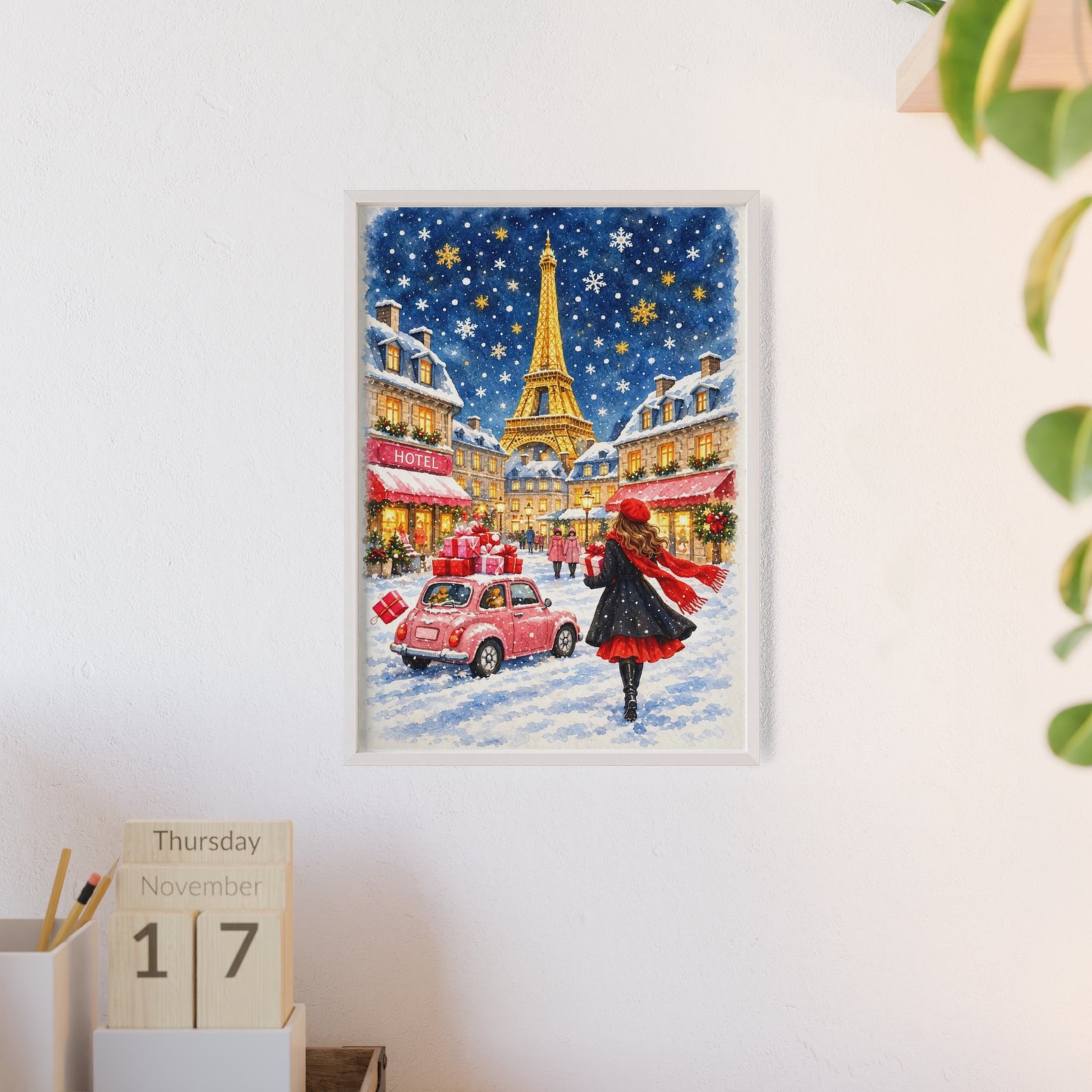 Paris Winter Holiday Poster with Wooden Frame — Eiffel Tower Christmas Street Scene - Image 92