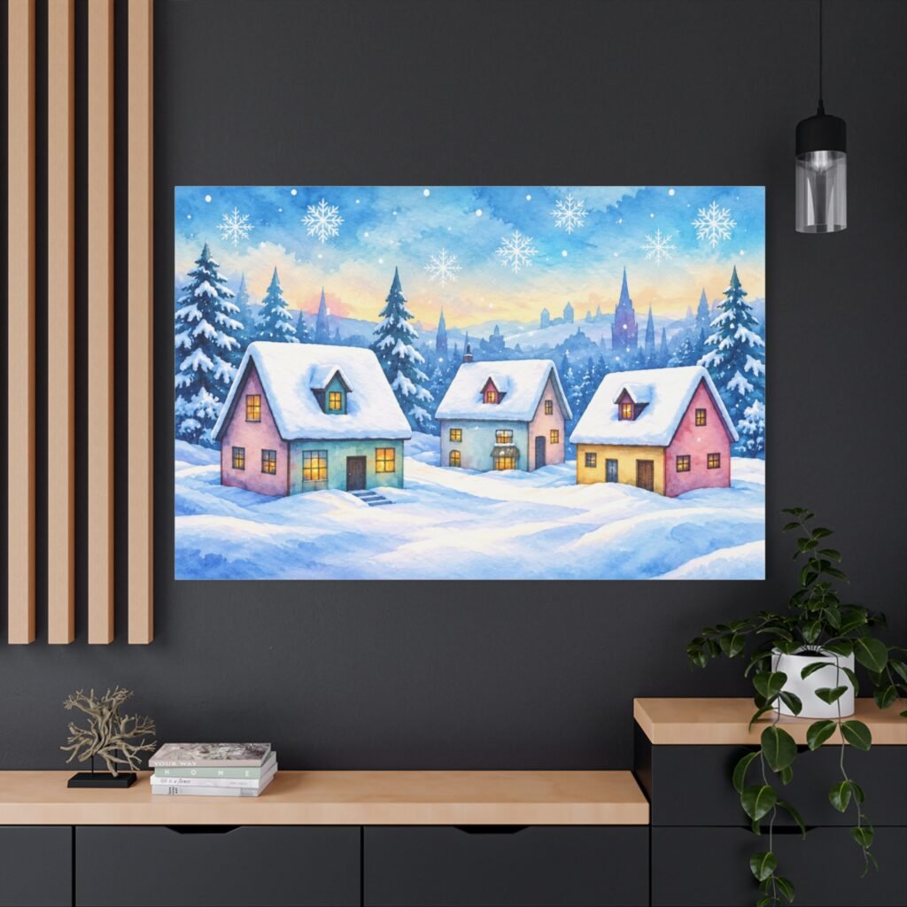 Winter Village Snow Scene Matte Canvas Wall Art — Stretched 1.25"
