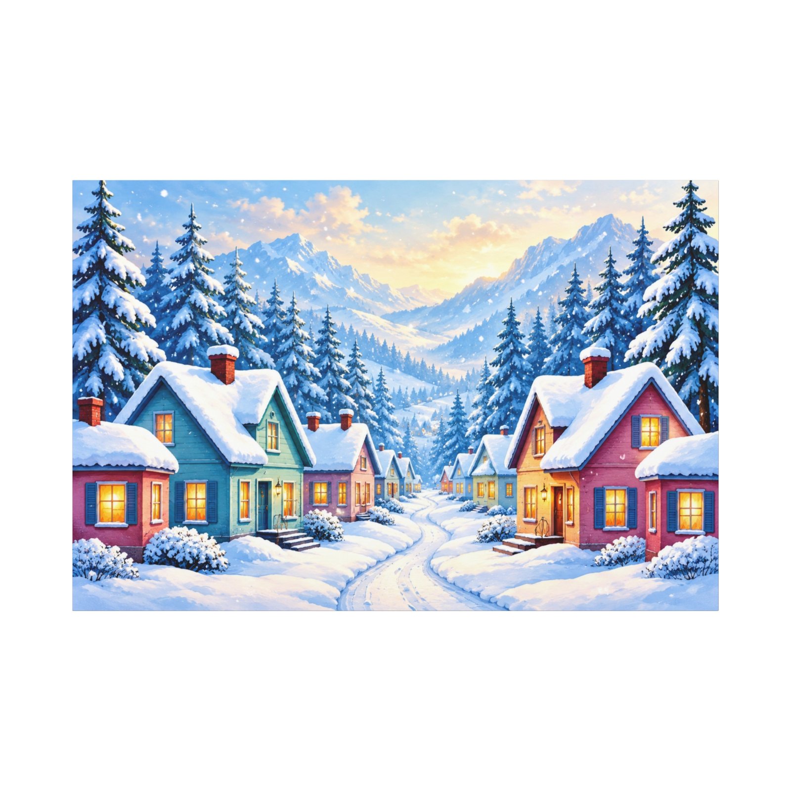 Winter Village Canvas Print — Snowy Mountain Cottage Wall Art - Image 1