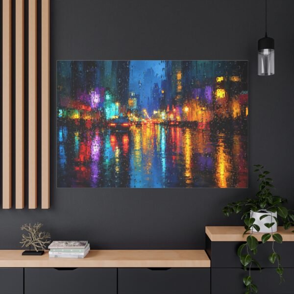 City Nightscape Matte Canvas Print - Colorful Rainy Street Reflection, Stretched 1.25" - Image 4