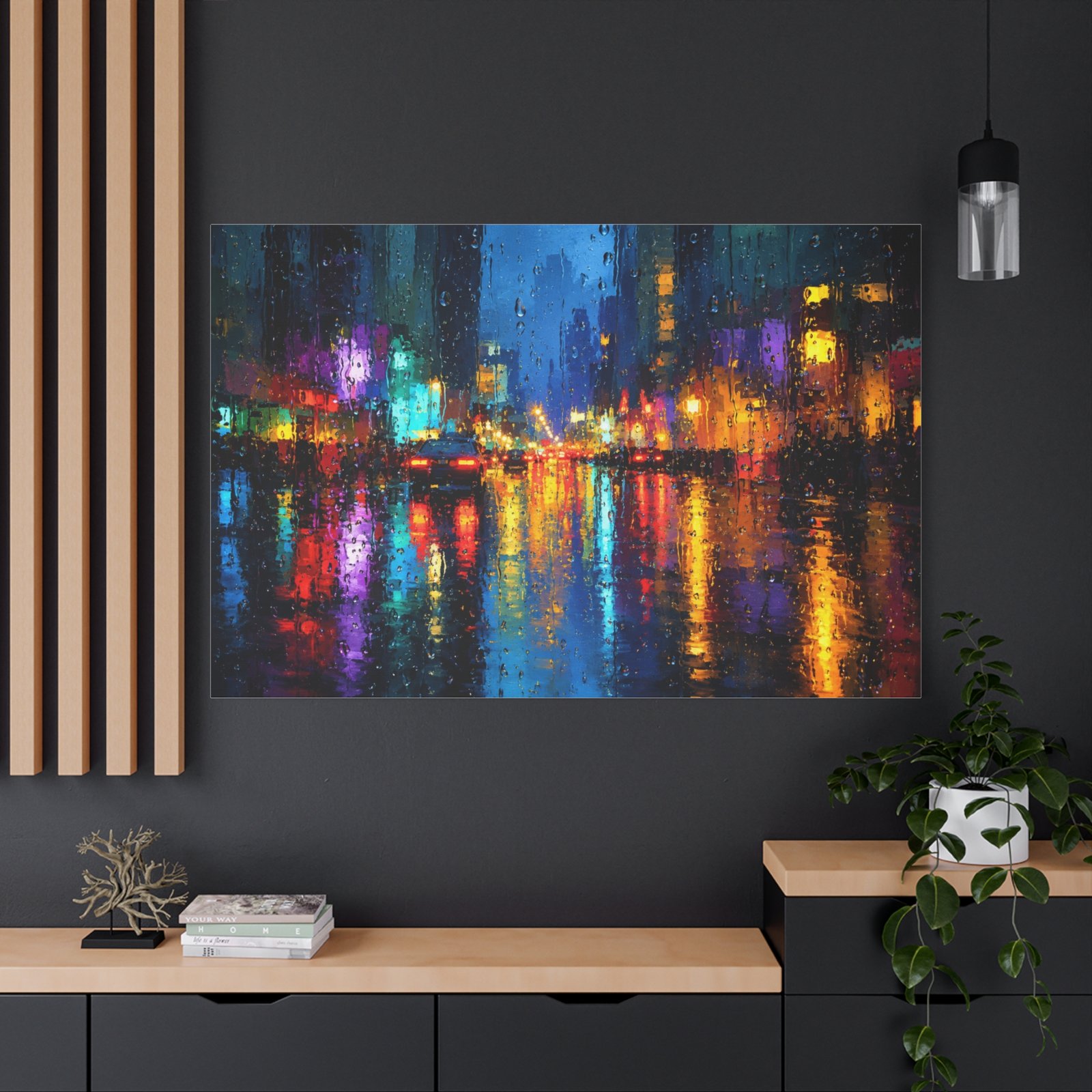 City Nightscape Matte Canvas Print - Colorful Rainy Street Reflection, Stretched 1.25" - Image 4