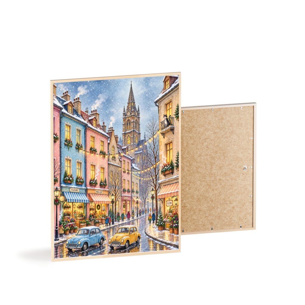 Vintage European Street Poster with Wooden Frame — Cozy Winter City Wall Art