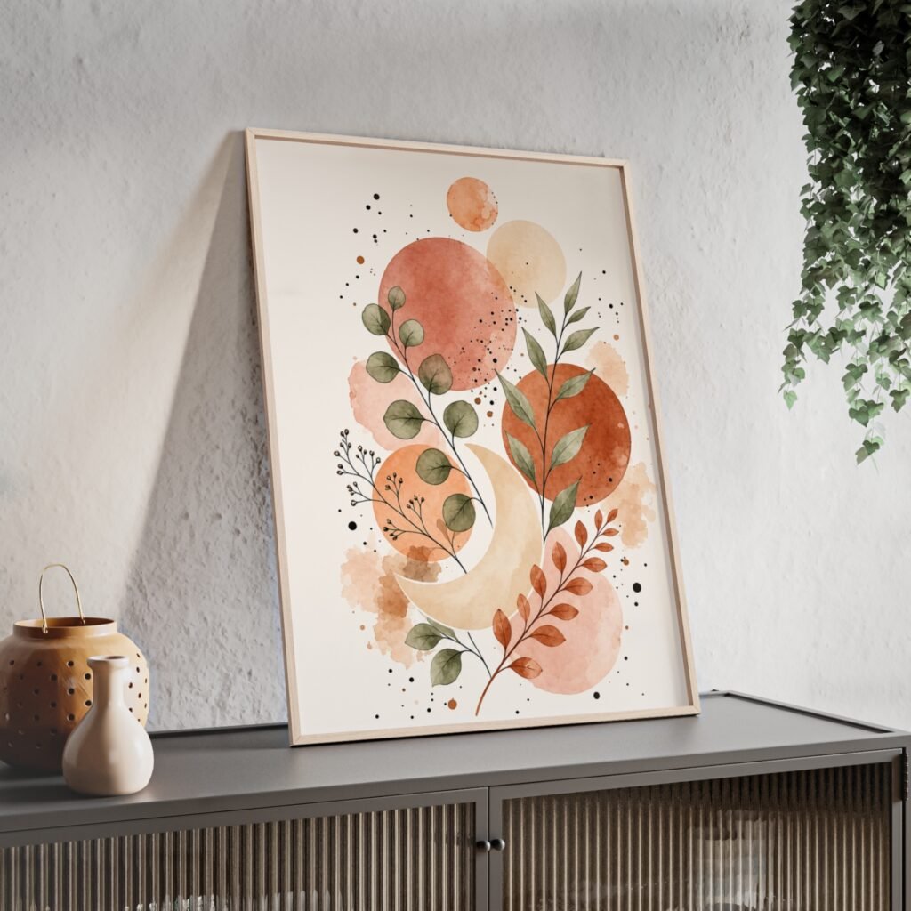Boho Watercolor Print with Wooden Frame — Abstract Terracotta Leaves Poster