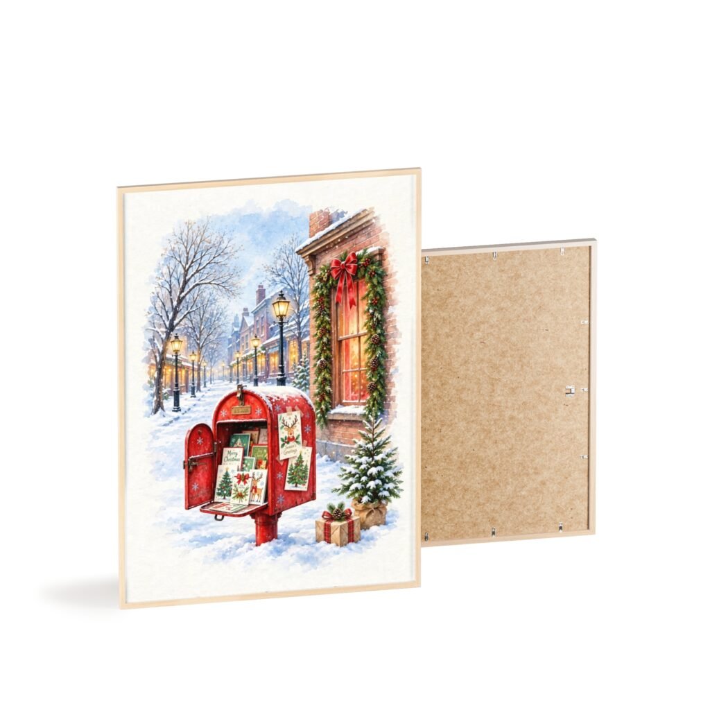 Christmas Mailbox Winter Street Holiday Poster with Wooden Frame