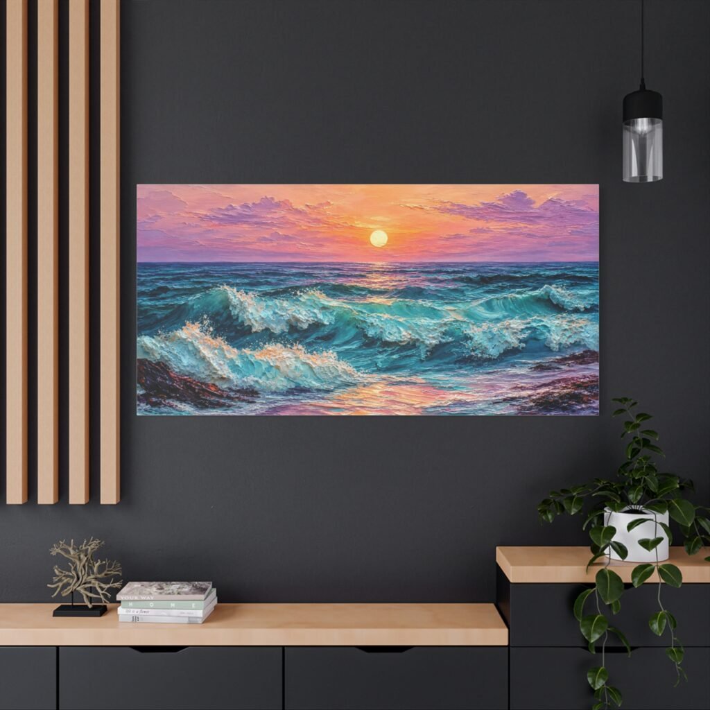 Sunset Ocean Waves Matte Canvas Print — Seaside Beach Wall Art