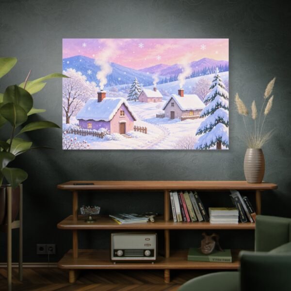 Winter Cottage Canvas Wall Art – Snowy Village Landscape Matte Stretched Print - Image 5