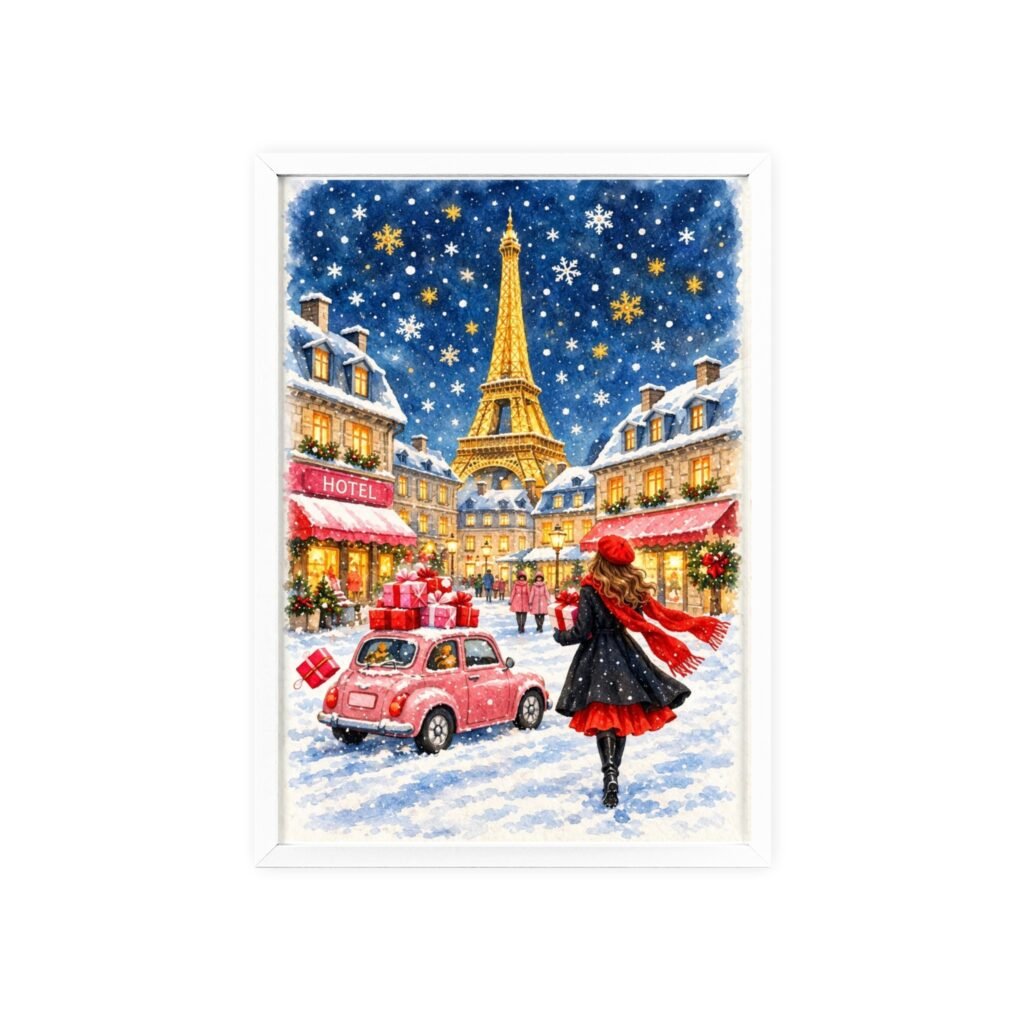 Paris Winter Holiday Poster with Wooden Frame — Eiffel Tower Christmas Street Scene