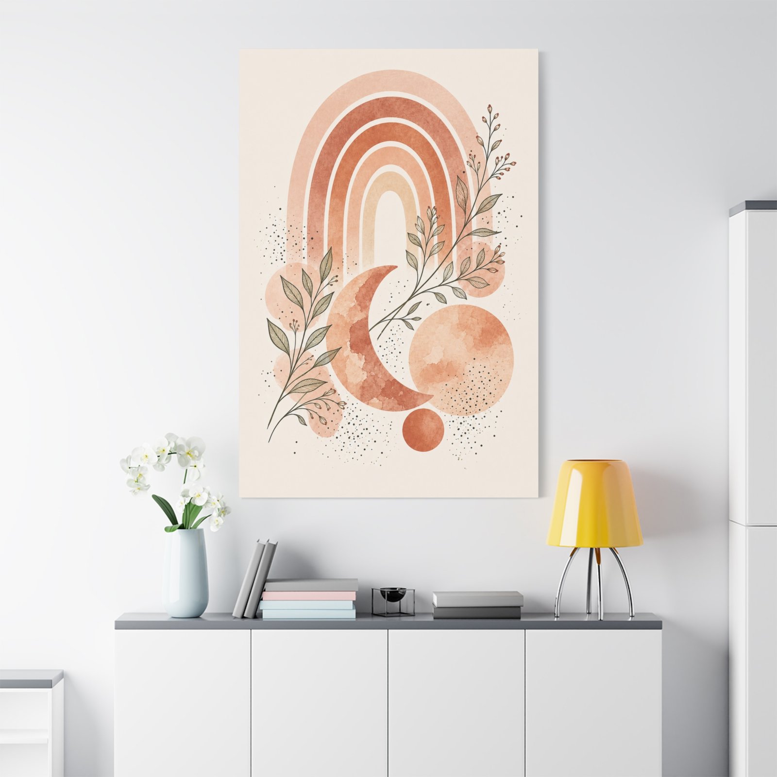 Boho Moon & Rainbow Canvas Wall Art — Earthy Botanical Nursery Decor - Image 1