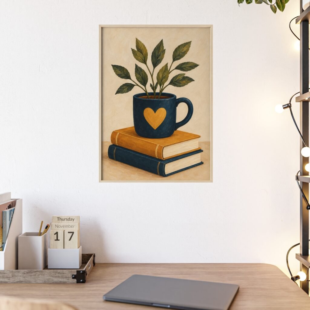 Botanical Coffee Mug Art Print — Framed Poster with Books (Cozy Kitchen & Reading Nook Wall Decor)