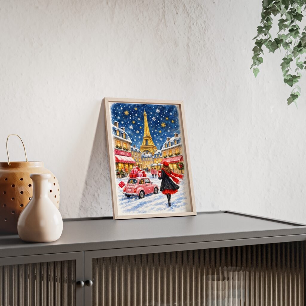 Paris Winter Holiday Poster with Wooden Frame — Eiffel Tower Christmas Street Scene