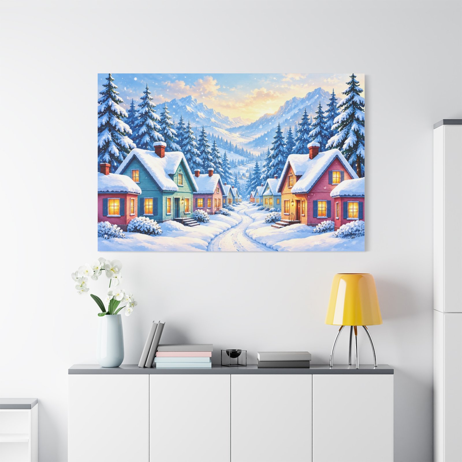 Winter Village Canvas Print — Snowy Mountain Cottage Wall Art - Image 3