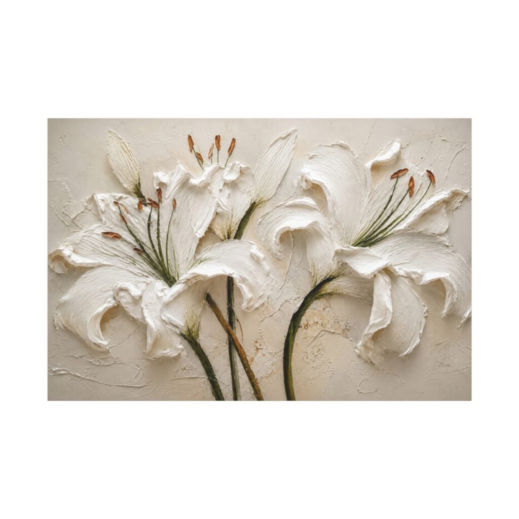 White Lily Textured Canvas Wall Art — Stretched Matte Floral Painting
