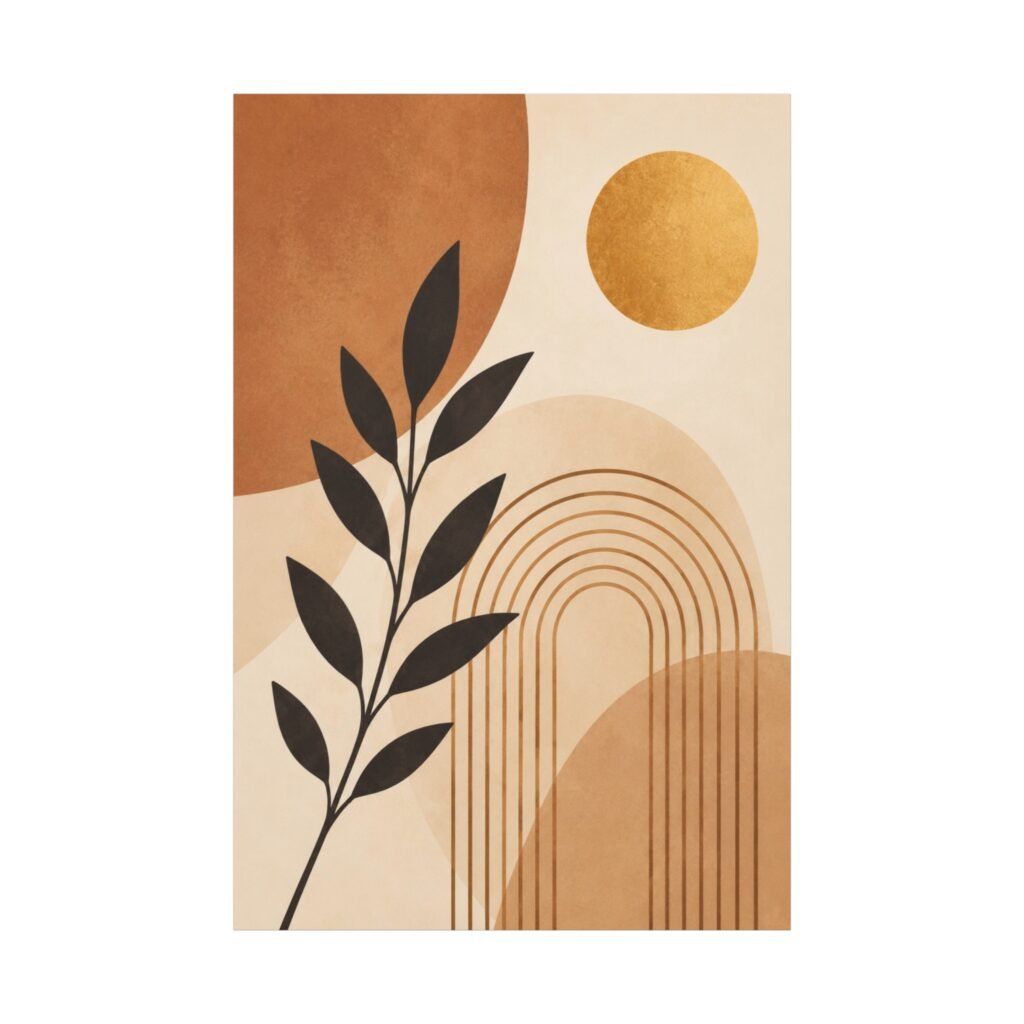 Abstract Boho Leaf Canvas Wall Art — Neutral Earth Tone Sun & Rainbow