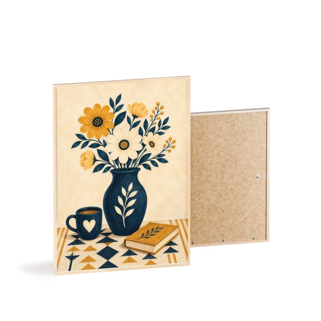 Floral Still Life Poster with Wooden Frame – Yellow & Navy Vase Print