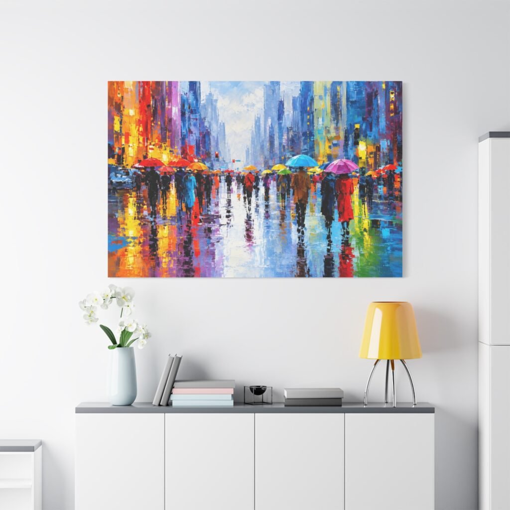 Colorful Rainy Cityscape Matte Canvas Print — Stretched Wall Art