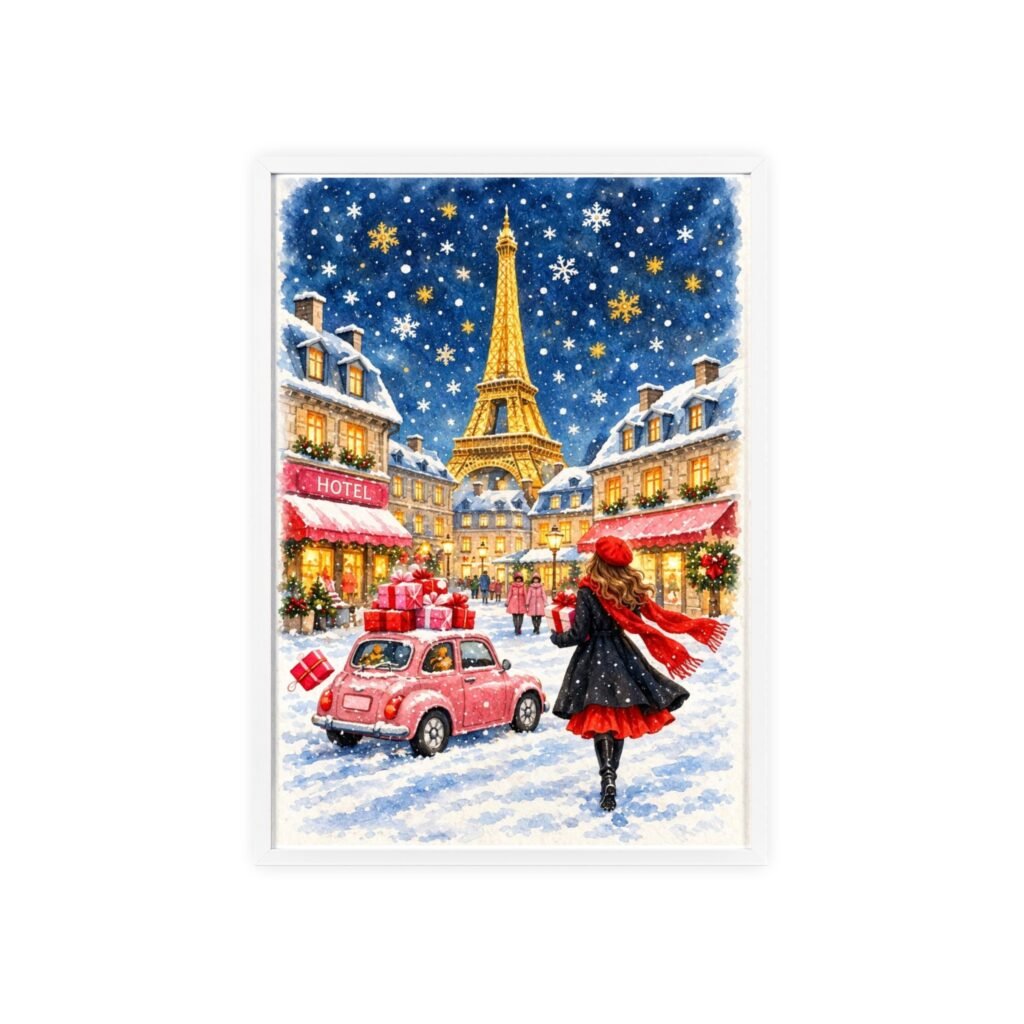 Paris Winter Holiday Poster with Wooden Frame — Eiffel Tower Christmas Street Scene