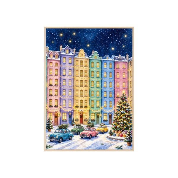 Framed Holiday Street Poster — Colorful Snowy Town Christmas Wall Art - Image 1