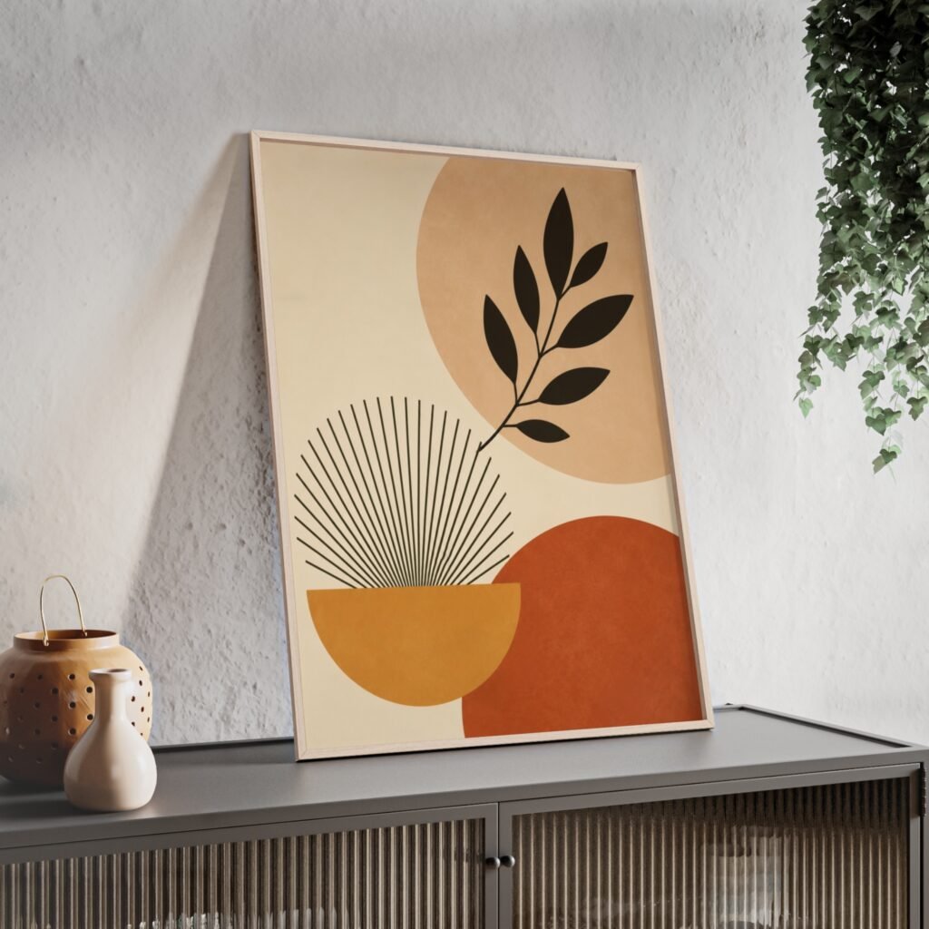 Boho Botanical Poster with Wooden Frame — Mid-Century Modern Wall Art