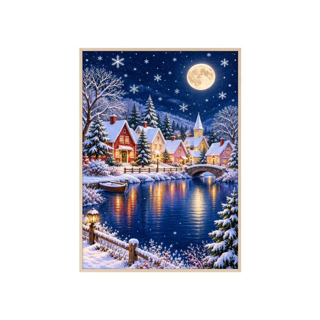 Framed Winter Village Poster – Moonlit Snowy Town Wall Art