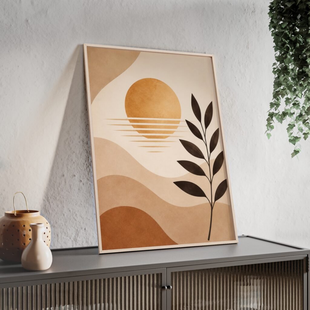 Midcentury Sun & Leaf Framed Poster — Abstract Boho Wall Art
