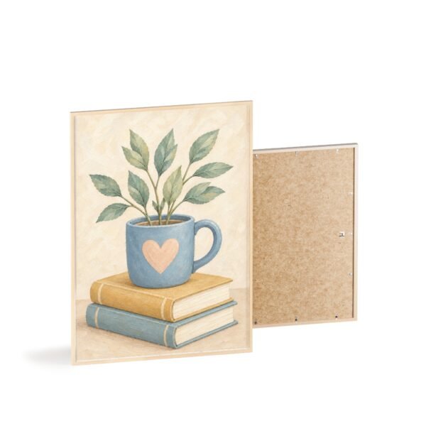 Botanical Coffee Mug Wall Art Poster with Wooden Frame — Cozy Plant & Books Print - Image 4