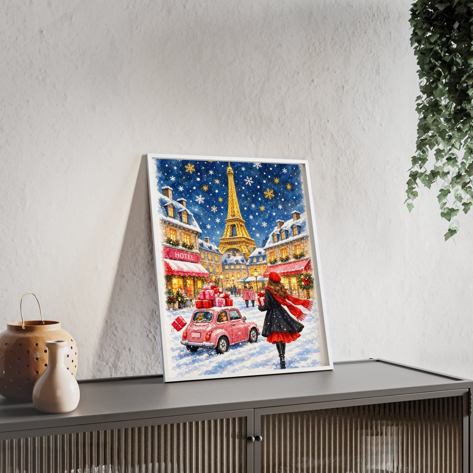 Paris Winter Holiday Poster with Wooden Frame — Eiffel Tower Christmas Street Scene - Image 47