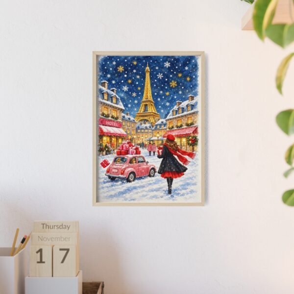 Paris Winter Holiday Poster with Wooden Frame — Eiffel Tower Christmas Street Scene - Image 84