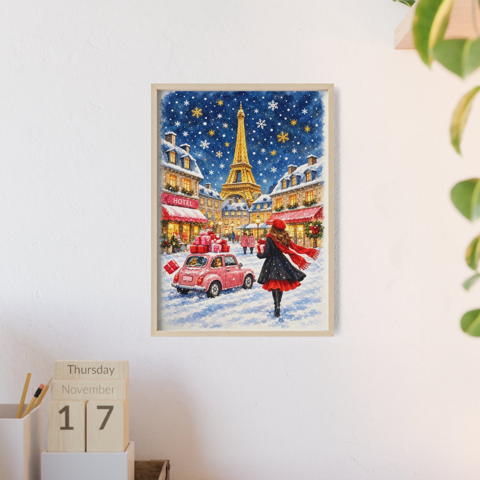 Paris Winter Holiday Poster with Wooden Frame — Eiffel Tower Christmas Street Scene - Image 84