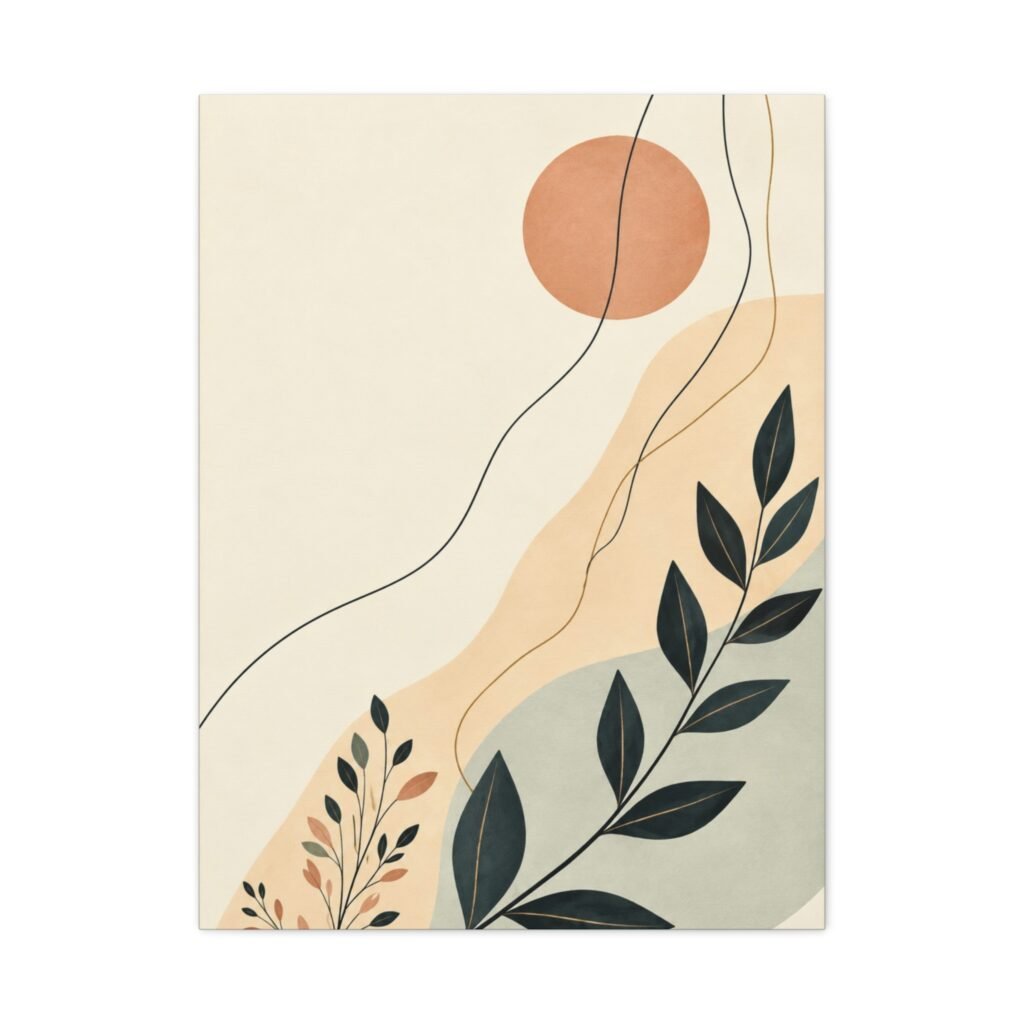 Abstract Botanical Canvas Wall Art — Minimal Sun & Leaf Matte Stretched Canvas