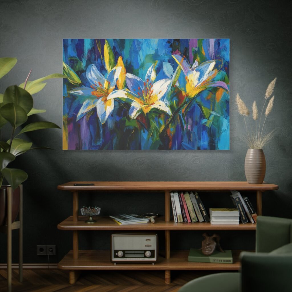 Blue & Gold Lily Abstract Wall Art Printable | Matte Stretched Wall Art