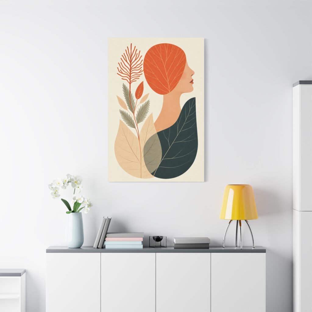 Abstract Woman & Leaves Matte Canvas Art – Stretched Wall Print