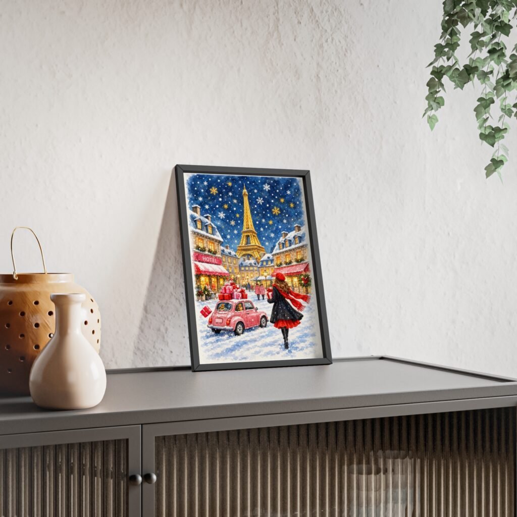 Paris Winter Holiday Poster with Wooden Frame — Eiffel Tower Christmas Street Scene