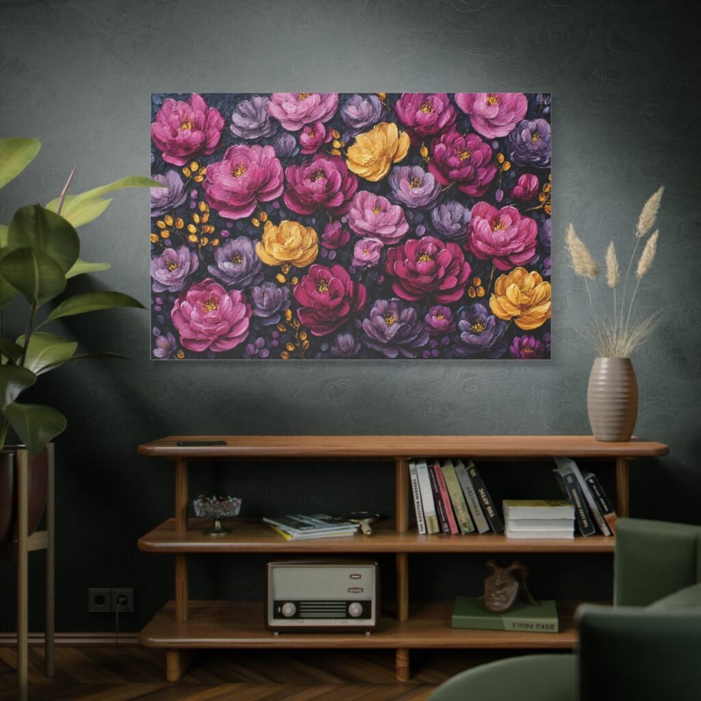 Floral Canvas Wall Art – Pink, Purple & Gold Peony Pattern, Stretched Matte Canvas