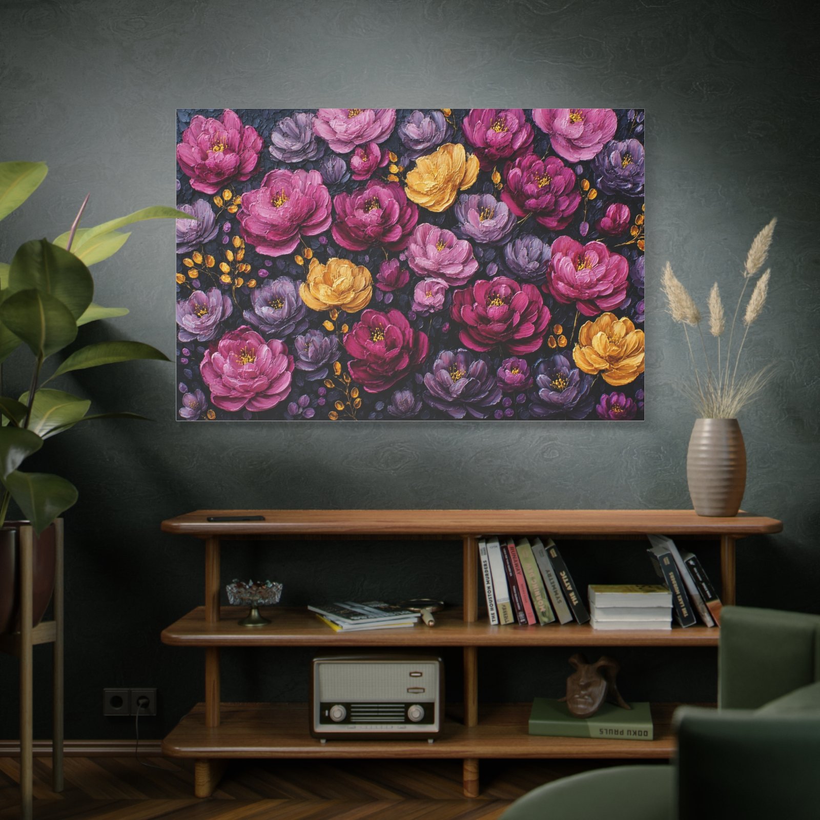 Floral Canvas Wall Art – Pink, Purple & Gold Peony Pattern, Stretched Matte Canvas - Image 5