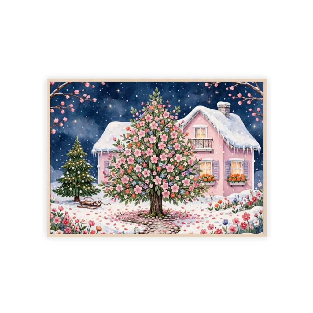 Winter Cottage Floral Poster with Wooden Frame