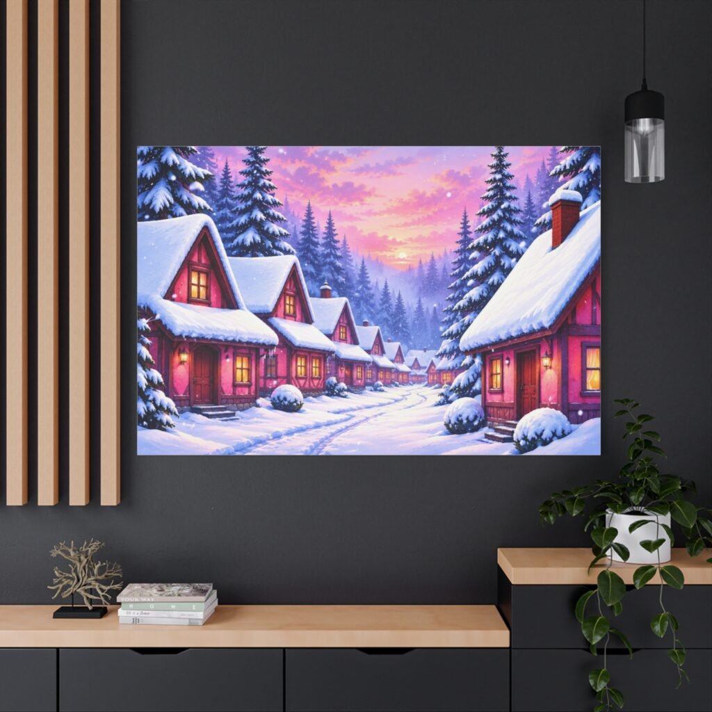Winter Village Canvas Wall Art — Snowy Cottage Sunset Matte Stretched Print