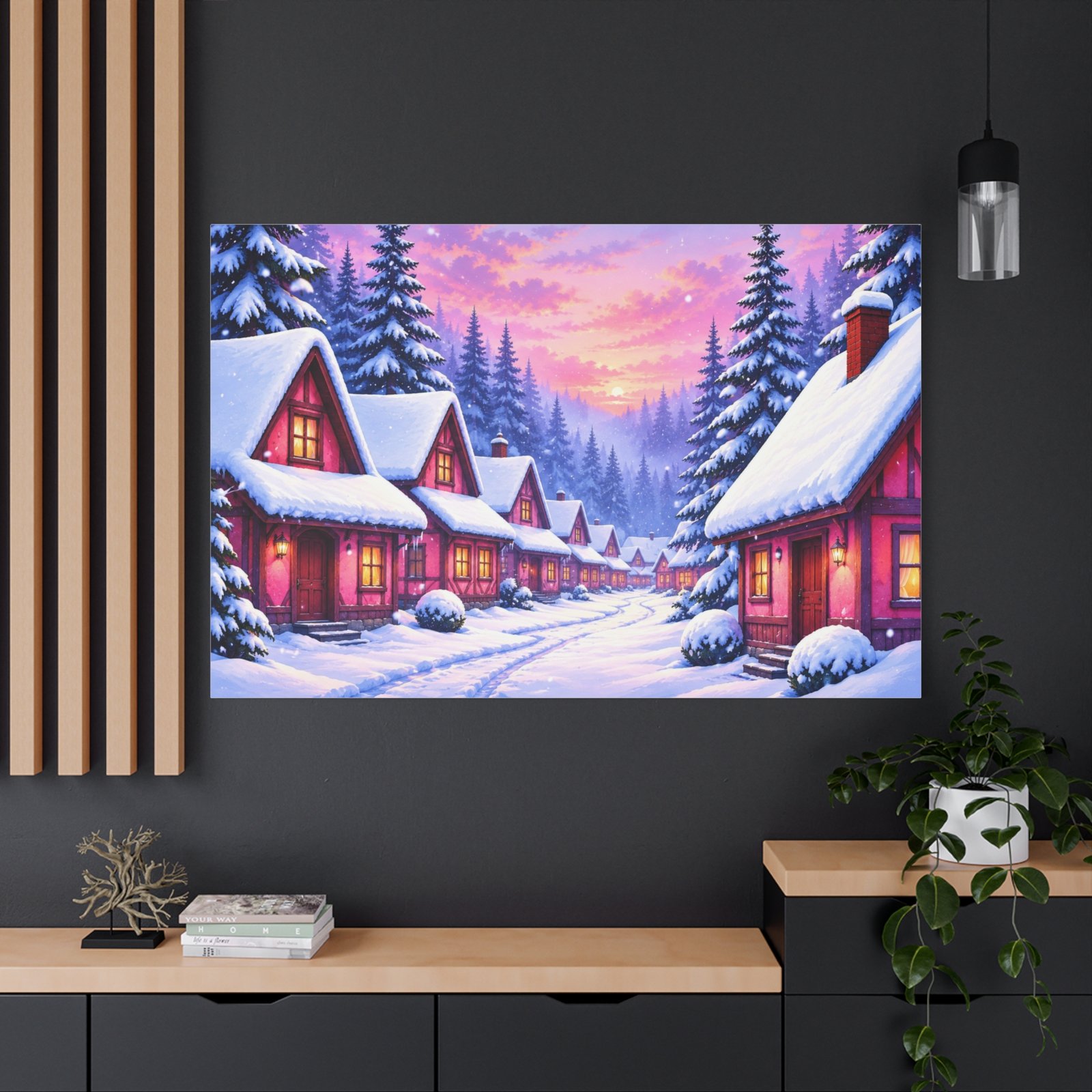 Winter Village Canvas Wall Art — Snowy Cottage Sunset Matte Stretched Print - Image 4