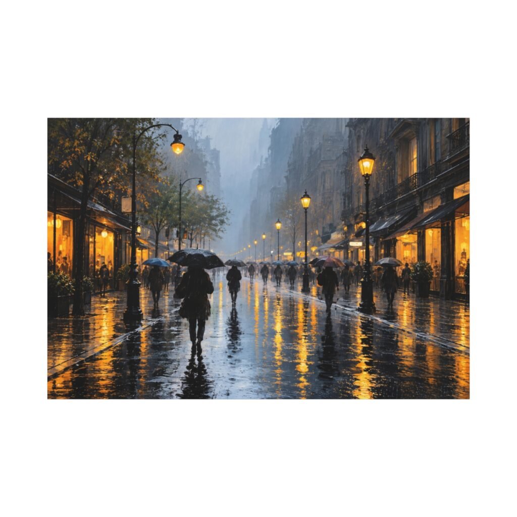 Rainy City Street Matte Canvas Wall Art — Evening Umbrella Scene, Stretched 1.25"