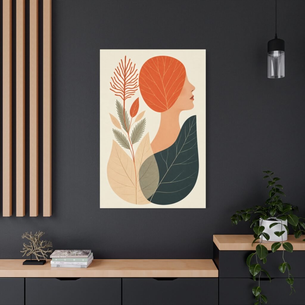 Abstract Woman & Leaves Matte Canvas Art – Stretched Wall Print