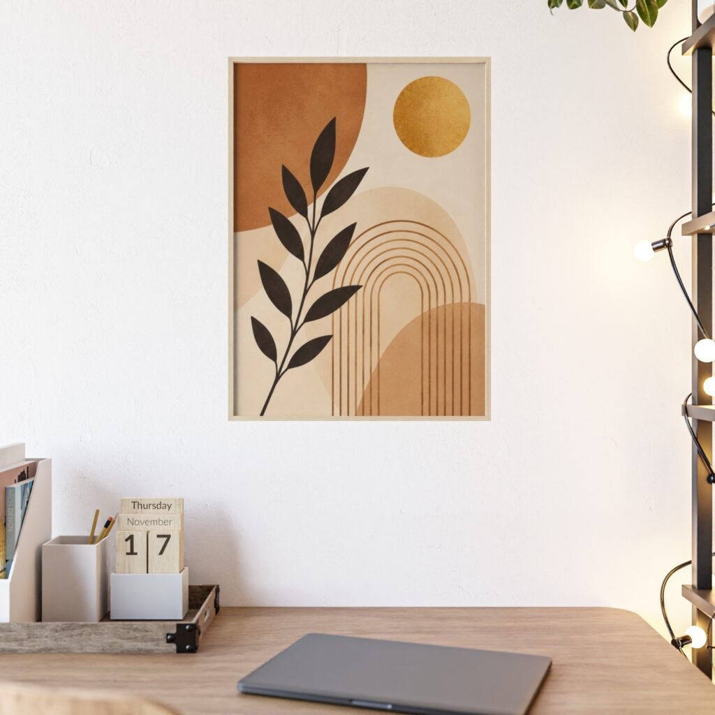 Abstract Boho Botanical Poster with Wooden Frame — Midcentury Earth Tone Wall Art