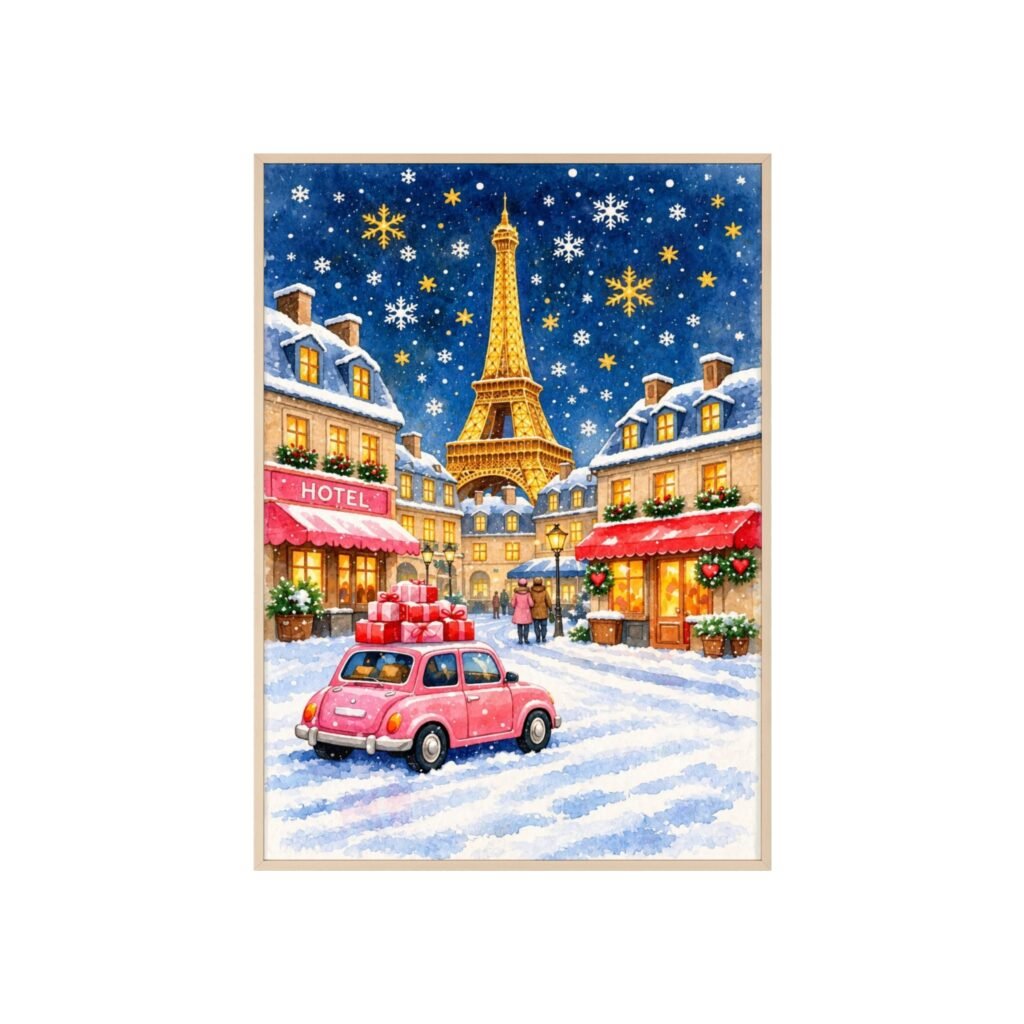 Eiffel Tower Winter Street Poster with Wooden Frame — Festive Paris Holiday Wall Art