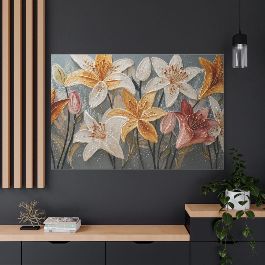 Lily Bouquet Matte Stretched Canvas Wall Art — Yellow & Pink Floral Painting