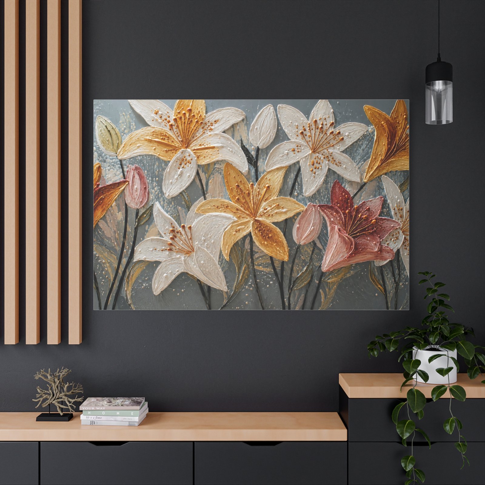 Lily Bouquet Matte Stretched Canvas Wall Art — Yellow & Pink Floral Painting - Image 4